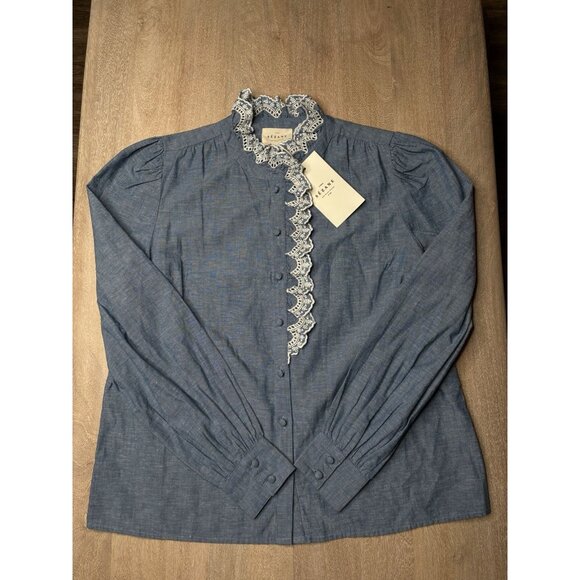 Sezane NWT Chloe Shirt in Chambray Blue Size 38 or Medium Embroidered Blouse - Picture 3 of 8